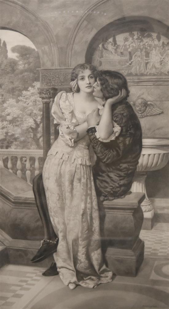 After Edward Robert Hughes (1851-1914), a mezzotint depicting lovers on a balcony,